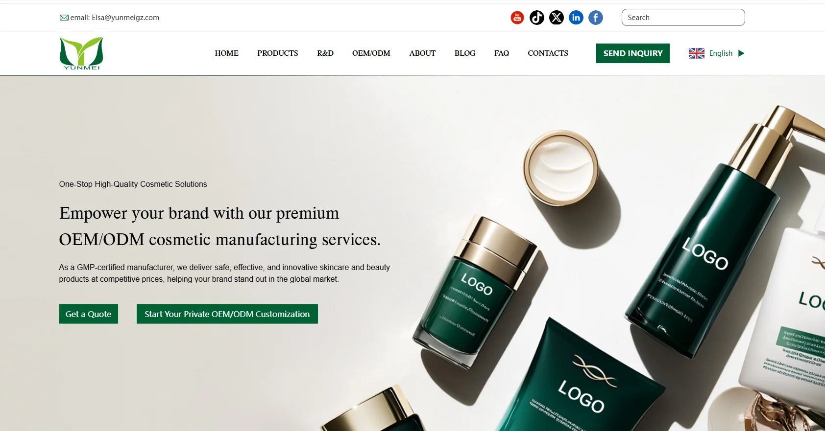 Cosmetic products with gold and green packaging illustrating OEM/ODM services offered by a manufacturer.